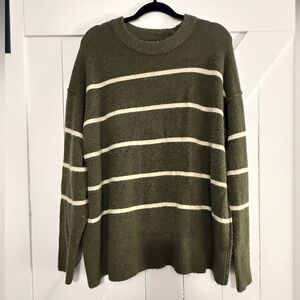 Aerie Olive and Cream Striped Crewneck Sweater